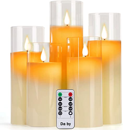 Da by Velas LED con Efecto de Vidrio (13cm/14cm/16cm/18cm/ 20cm) Conjunto de 5 pilares LED de Baile realistas y Control Remoto de 10 Teclas con función de Temporizador de 24 Horas