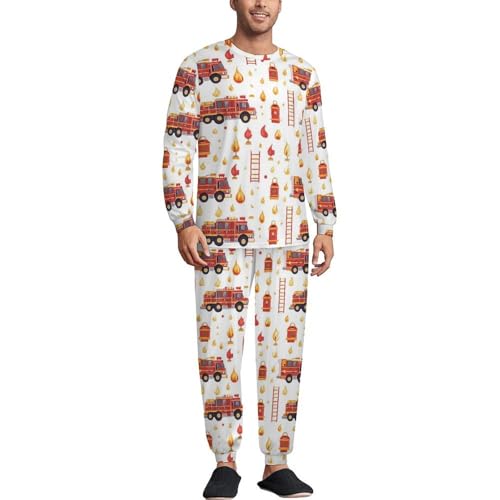 Novastar Seiden-Herren-Pyjama-Set – bequeme Feuerwehr-Leiter-Druck, Rundhalsausschnitt, langärmelig, Nachtwäsche, Pyjama, Loungewear-Sets, Stil:...