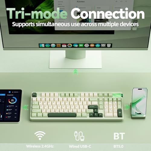 Image of CORBOBO LEOBOG A98-96% Mechanical Keyboard Wireless, Tri-Mode BT5.0 /2.4GHz /USB-C, Creamy Keyboard with Number Pad, Gasket Structure Hot Swappable, RGB Backlit Green Gaming Keyboards with Knob for PC