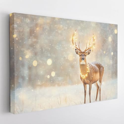 Canvas Wall Art Merry Christmas-Christmas Deer Wall Art Canvas: Natural Deer in the Snow Winter Wall Decorations for Living Room Farmhouse Bathroom Decorations with Frame and Easy to Hang-X90PS
