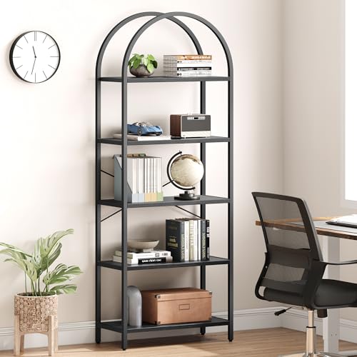 IDEALHOUSE Bookshelf 5 Tier Bookcase Arched Display Racks Tall Standing Bookshelves Metal Frame Open Storage Rack Shelf Large Black Book Shelf for Bedroom, Living Room, Home Office