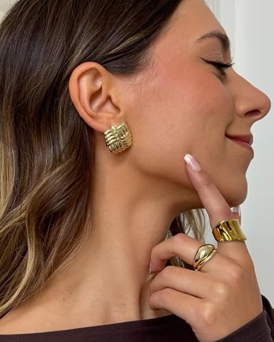 Image of PAVOI 14K Gold Plated Chunky Vintage Earrings for Women - Trendy Textured Ribbed Knot Geometric Triangle Rope Button Seashell Wing Dangle Drop Stud Earring