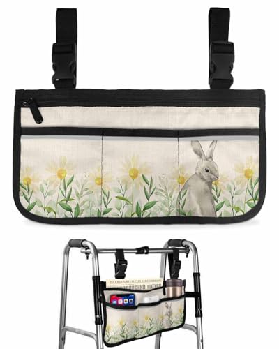 Anzona Rustic Daisy Wheelchair Side Bag Walker Bag, Pastoral Gray Bunny Botanical Leaves Wheelchair Accessories Armrest Pouch, Organizer Storage Bag for Walkers, Rollators, Scooters, 7.3''x13''