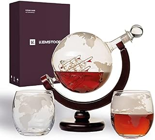 Whiskey Decanter Set - Etched World Globe Whiskey Decanter Sets for Men for Liquor, Vodka with 2 Glasses in Gift Box - Whiskey Gifts for Men - Home Bar Accessories for All Kinds of Alcohol Drinks