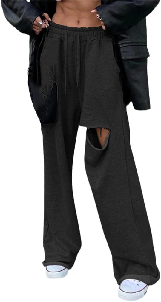 KEHAIOO Women Baggy Wide Leg Pants, Hole High Waist Casual Streetwear Trousers, Loose Hip Hop Jogging Sweatpants
