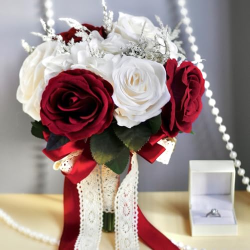 Hochzeitssträuße für Braut, Brautjungfer, weiß, champagnerrot, Burgunderrot, künstliche Rose, künstliche Seidenblumen, Brautsträuße für Hochzeit, mit Band, Boho, rustikale Kirchendekoration