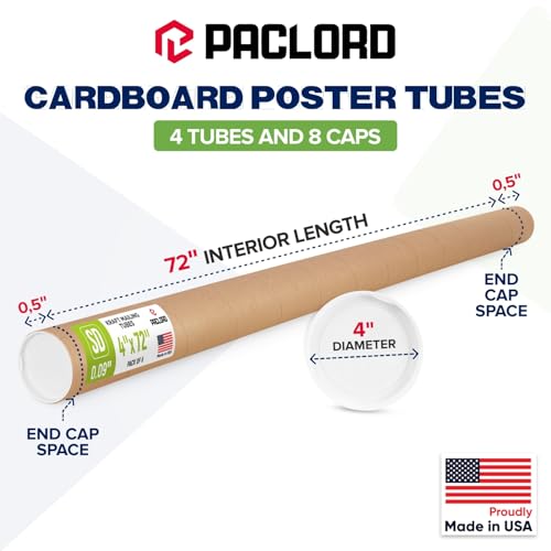 4" x 72" Reinforced Kraft Paper Mailing Tube, Pack of 4 Tubes with 8 Caps – Secure USPS Approved Poster Tube – Made in USA Cardboard Tube for Shipping and Storing Posters, Prints, Artwork by Paclord - Image 2