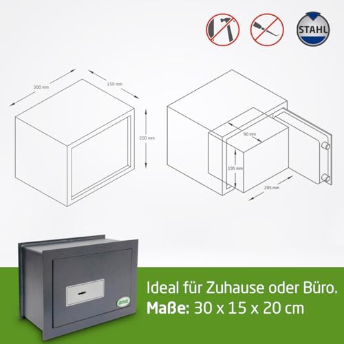 Amig - Einbautresor mit Chubbschloss | Stahlbolzen Ø 20 mm | Diskretes Design für Wandmontage | Mechanische Schlüssel für sicheren Zugang | Grau, 30x15x20 cm, Legierter Stahl