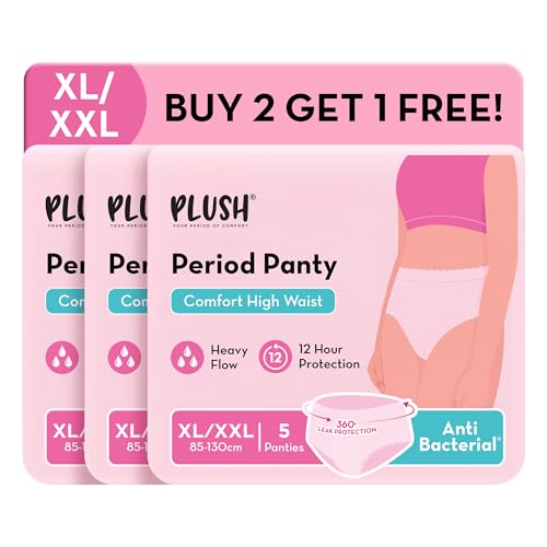 Image of Plush Anti-Bacterial Period Panty - Pack of 3 (15 Pcs) XL /XXL (85-130 cm) | B2G1 Free | Comfort High Waist Disposable Panties for Women Heavy Flow | Non-Bulky, Snug Fit | 12-Hour Protection | 360 Coverage, 100% Rash-Free | Ideal for Overnight Use