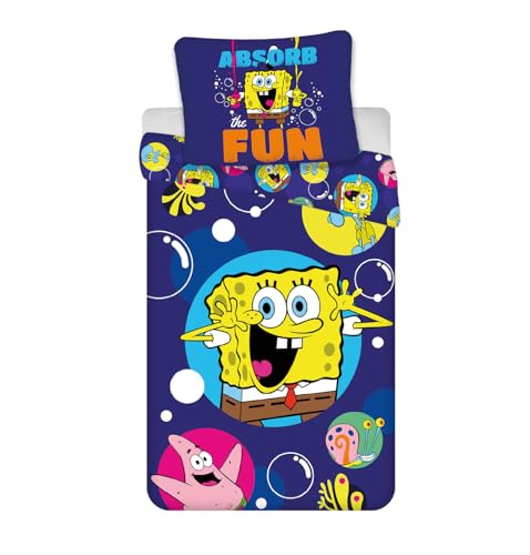 BrandMac Juego de cama Absorb The Fun de Bob Esponja, 100% algodón, funda nórdica de 135 x 200 cm y funda de almohada de 80 x 80 cm