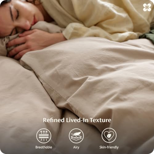 Image of Bedsure PureWoven 100% Washed Cotton Duvet Cover Set, Full Size, 3-PC | Linen Like Texture, Percale Breathable Bedding Set for All Seasons, Zipper Closure, 8 Corner Ties, Frosted Almond, 80 inch x 90 inch