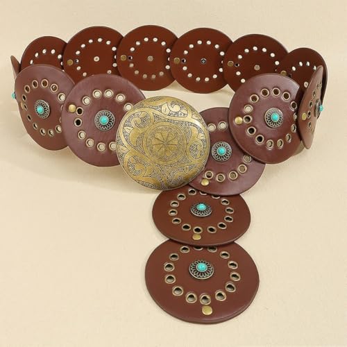 Western Belts for Women Wide Hollow Disc Leather Belt Cowgirl Waist Belt for Dresses with Metal Buckle4