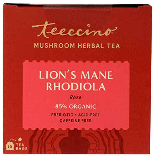 Teeccino Caffeine-Free Mushroom Adaptogenic Herbal Tea - Lion’s Mane Rhodiola Tea - Rose, 3x More Herbs than Regular Teas, Lightly Sweet from Dates & Figs, Chicory Prebiotic - 10 Tea Bags - Image 4