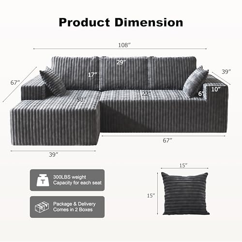 Image of Modular Sectional Sofa Couches L-Shape Couch 3 Seat Modular Sofa Memory Foam Sectional Couches for Living Room (Gray, 108 inch+Left Chaise)