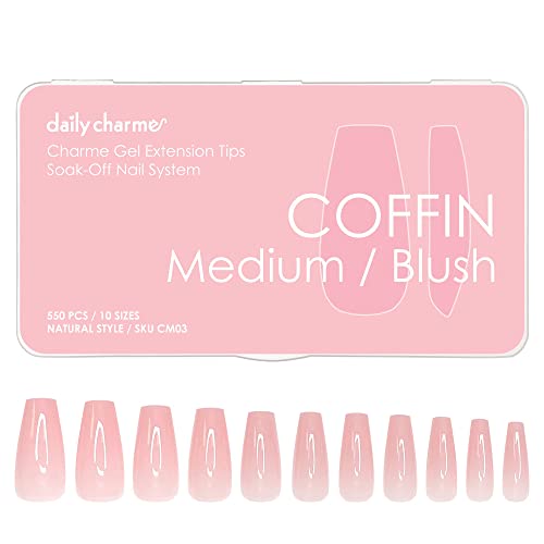 Daily Charme Gel Nail Extension Tips (Coffin Medium, Blush) 500 pcs, 10 Sizes, Pre-shaped Extension Tips, False Nails Gel Tips for Gel Nail Polish Soak Off, Easy DIY Press On Nails
