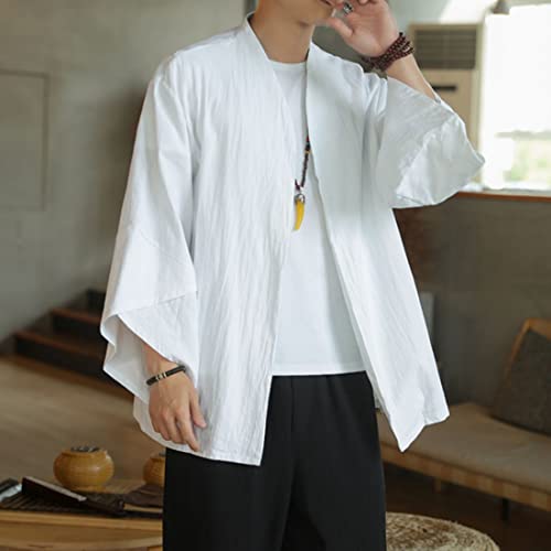 HZCX FASHION Men\'s Kimono Cardigan Lightweight Jackets Linen Haori Samurai Robe(White,S)