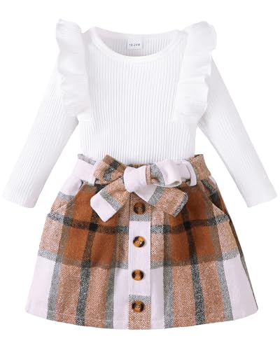 Baby Girl Clothes Sets: Fall Winter Outfits Ruffle Sleeve Ribbed Tops Button Mini Skirts Set for Toddler 9-48 Months