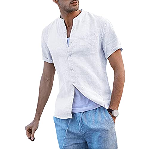 Chemise d'été manches courtes homme anti-transpiring lin coton col montant blanc S