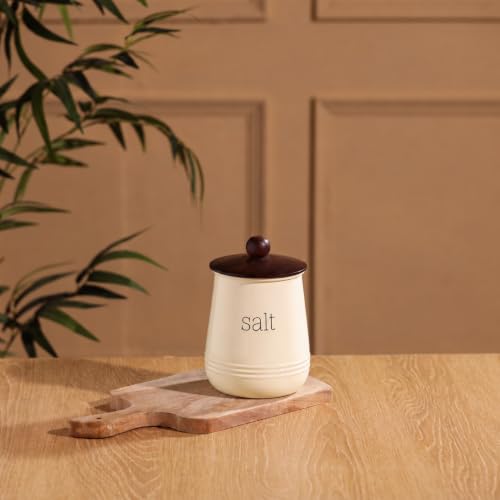 Image of Metallure Home Stylish Airtight Kitchen Containers | Set of 3 Metal & Wood Jars | Tea, Coffee & Sugar (Food Safe) (Cream SALT JAR)