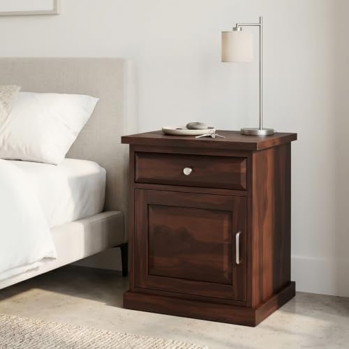 Image of SHIKHA WOOD CRAFT Solid Sheesham Wood Bedside Table with Drawer and Cabinet Storage | Multipurpose Wooden Nightstand Side End Table Furniture for Living Room, Bedroom, Hotel and Home (Walnut Finish)