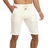 ZOXOZ Kurze Hosen Herren Shorts mit Gummizug Sommer Leichte Leinen Baumwolle Weiß S