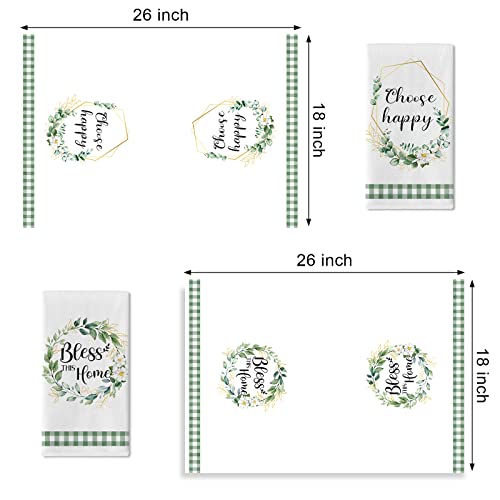 Seliem Spring Eucalyptus Leaves Wreath Kitchen Dish Towel Set Of 2, Bless This Home Choose Happy Hand Towel Drying Baking Cooking Cloth, Green Buffalo Plaid Summer Seasonal Kitchen Decor 18X26 Inches #TOP1