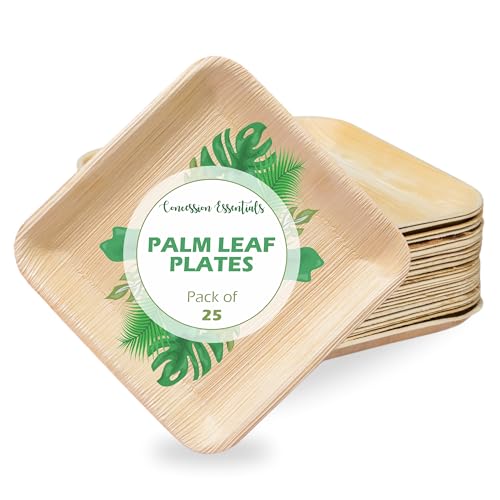 Concession Essentials Platos cuadrados de postre de hoja de palma de 6 pulgadas, platos de bambú para aperitivos, compostables y ecológicos, paquete de 25 unidades