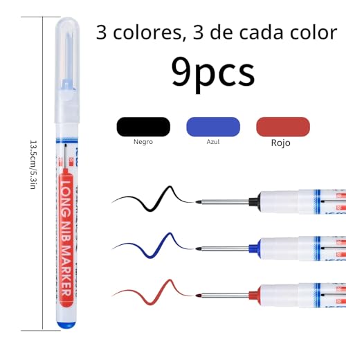 Miniatura 2 de 9 Piezas Marcadores De Agujeros Profundos, Rotuladores De Agujero Profundo De Punta Fina De 20 Mm, Marcador De Carpintero, Rotuladores Permanentes Para Carpintería Construcción - Negro Azul Rojo