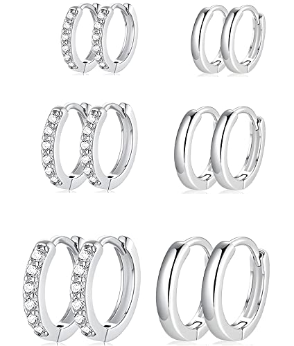 Cocadant 6 Pairs Small Silver Huggie Hoop Earrings For Women Girls Set,14K Hypoallergenic Real Gold Tiny Cartilage Earrings For Women,Cubic Zirconia Hoop Cuff Earrings #TOP30