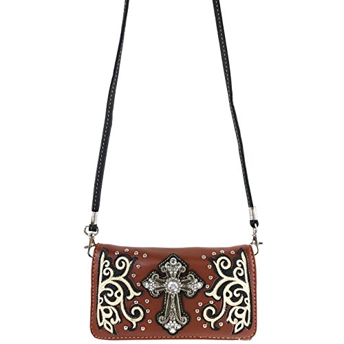 Justin West Western Floral Wing Embroidery Laser Cut Rhinestone Silver Cross Studded Shoulder Tote Handbag Purse Wallet (Brown Creme Wallet) #TOP2