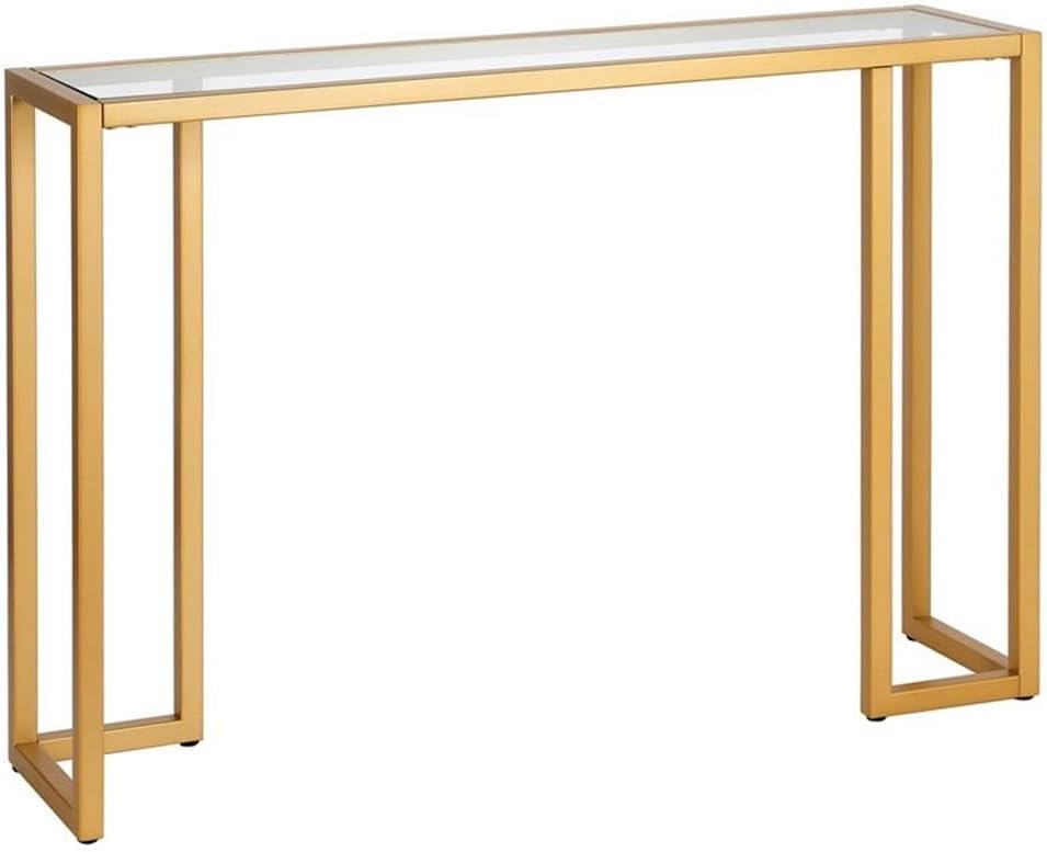 Pemberly Row Art Deco Metal Console Table, Brass Finish, 42 in x 10 in x 29 in, Tempered Glass Top and Shelf, Modern Industrial Style, Entryway or Living Room Accent Table for Home Decor