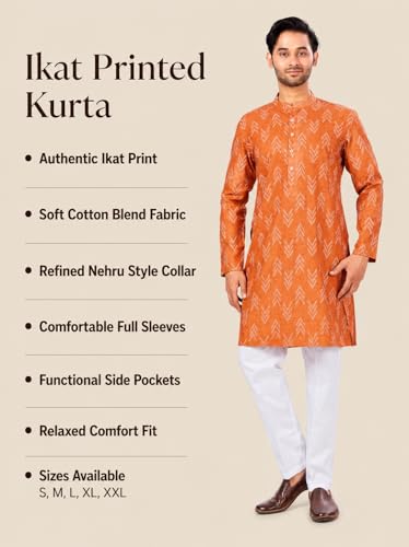 Image of Studio Shringaar Men's Cotton Blend Relaxed Fit Ikat Printed Knee Length Kurta