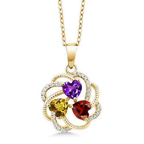 Gem Stone King 18K Yellow Gold Plated Silver Yellow Gold Plated Customized and Personalized 3 Heart Shape Gemstone Birthstone Flower Mothers Family Blossom Couple Pendant Necklace for Women
