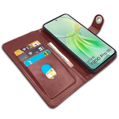 Image of Pikkme Vivo Y200 Pro 5G Flip Cover Leather Finish | Inside TPU with Card Pockets | Wallet Stand and Shock Proof | Complete Protection Button Flip Case (Brown)