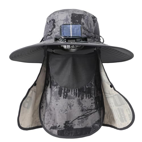Outdoor Solar Fan Hat, Waterproof Wide Brim Sun Protection Fishing Cap with Face Neck Cover Flap for Outdoor Sports Beach, Dark Gray