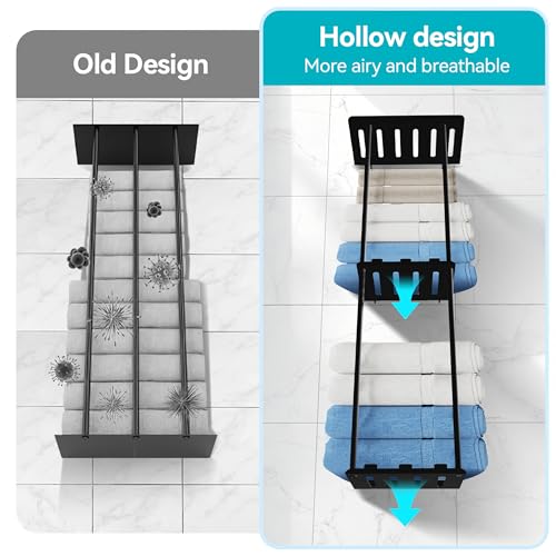 KISENG Towel Rack for Bathroom Towel Holder with Shelf & 6 Hooks Sturdy Metal 3 Tier Towel Storage Rack Wall Mounted Towel Rack for Rolled Towels Storage and Organizer, Black - Thumbnail 4