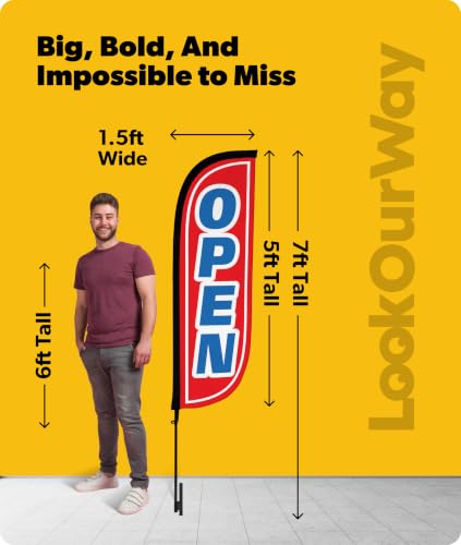 Image of LookOurWay Feather Flag Pole Kit - 7 Feet Tall Advertising Banner with Fiberglass Pole Set and Ground Spike for Business Promotion - Open Flags - Open Red & Blue