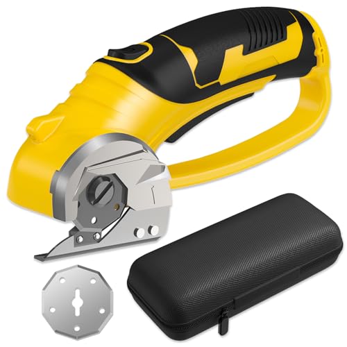 Cordless Electric Scissors, 4V Box Cutter & Cardboard Cutter with 2 Titanium Blades - Rotary Cutter with LED Light for Fabric, Leather, Carpet, Plastic, Crafting + Storage Case (Yellow)