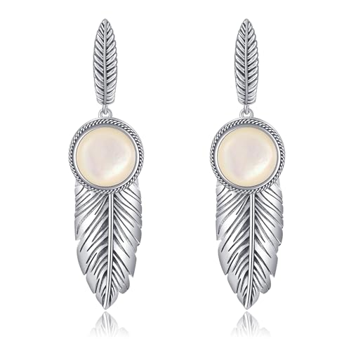 Feather Earrings for Women with 10mm Round Moss Agate/Moonstone/Mother of Pearl 925 Sterling Silver Dangle Earrings Lever Back Drop Earrings Jewelry Gifts for Her