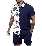 OYOANGLE Men's 2 Piece Vacation Outfits Tropical Hawaiian Button Down Shirt and Shorts Set