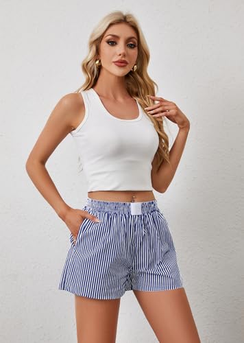 Image of Ythomm Womens Lounge Shorts Y2k Striped Print Elastic Waist Pajama Shorts Cute Boxers Bottoms With Pockets Comfy Sleepwear, X-Large, White-dark Blue