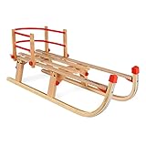 MSPORTS Holzschlitten Premium faltbar - aus Buchenholz mit Metallkufen inkl. Zugseil auswählbar mit Rückenlehne - Schlitten (Rot + Lehne)