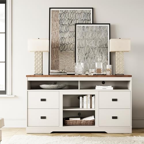 WAMPAT Farmhouse TV Stand for 65 Inch TV, Antique White Wood Entertainment Center with Drawers and Adjustable Shelf, Tall Media Console with Open Storage Space for Living Room, 59x15.4x31.9