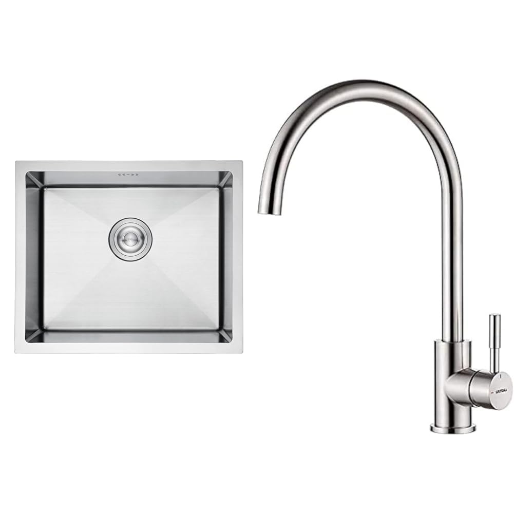 Ibergrif M85043 Fregadero Cocina 50 x 43 cm, Fregadero Bajo Encimera o Sobre Encimera & GRIFEMA Irismart G4008 Grifo de Cocina Alto con Caño Giratorio, Mezclador de Fregadero
