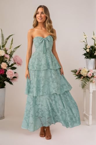 Strapless Bridesmaid Dresses Tiered Floral Chiffon Formal Wedding Guest Dress for Women4