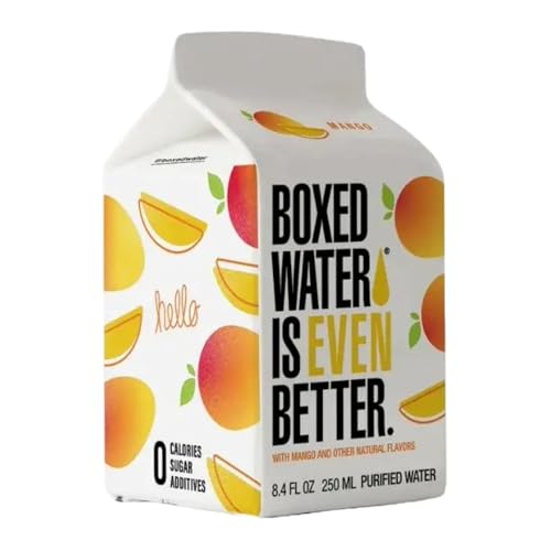 Image of Mango Boxed Water 8.5 oz. (24 Pack) - Better Than Premium Plastic, BPA-Free, Refillable Cartons, Sustainable Alternative, Mini Carton for Kids, Lunchbox Ready