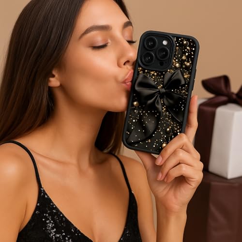 Image of COVERLY Black Bow Glitter Back Case for iPhone 12 Pro | 3D Minimalist Pearl Ribbon Cute Design | Camera Lens Protection | Soft TPU Silicone Aesthetic Print Cover for Girls & Women (Black, Shockproof)