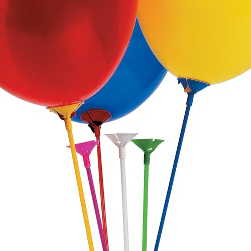 Fun Express Balloon Sticks with Cups 144 Pack - Premium Plastic Balloon Holders for Party Decorations | Centerpiece Accessories for Birthdays, Weddings & Events | 6 Vibrant Colors
