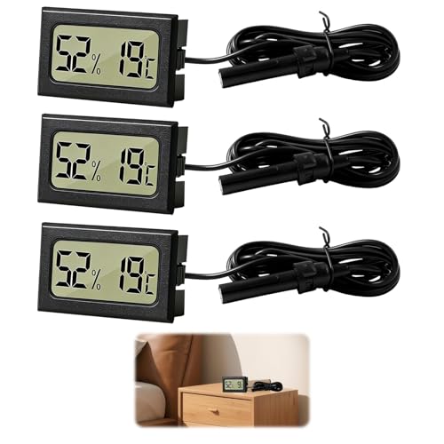 NYVOR 3 Pièces Thermomètre Hygromètre Numérique, Digital Thermomètre Hygromètre avec Sonde Externe, LCD Hygrometre Terrarium Humidité Mètre pour Reptile Incubateur Volaille Serres Salle Bureau