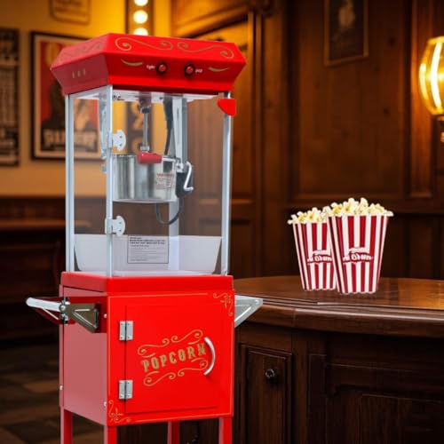 Image of Popcorn Machine with Cart, with Wheels & 6 Oz Pot Popcorn maker Equipped with Popcorn Scoops & Tools, Mobile Cart with Lockers for Commercial Home Movie Theater Vintage Style (Red)